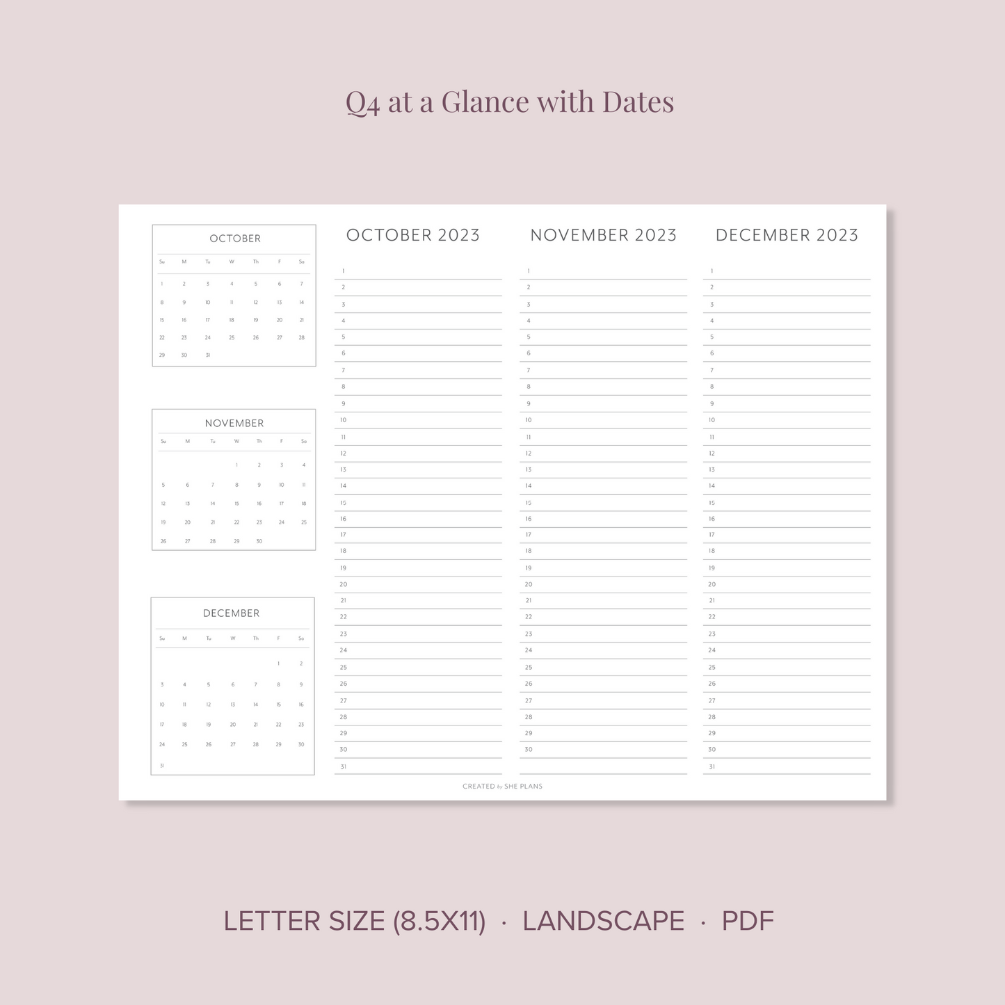 Printable Quarterly At-A-Glance Planner (Q3 & Q4 2023)