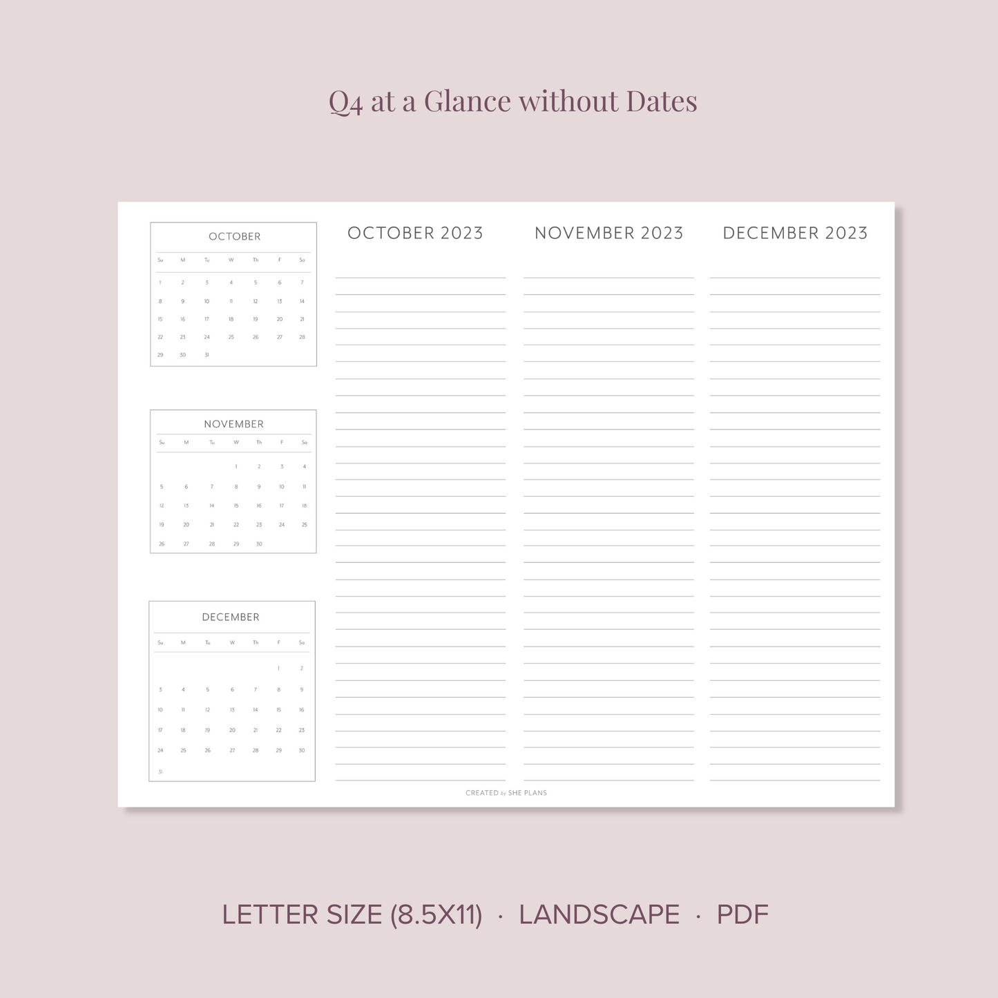 Printable Quarterly At-A-Glance Planner (Q3 & Q4 2023)