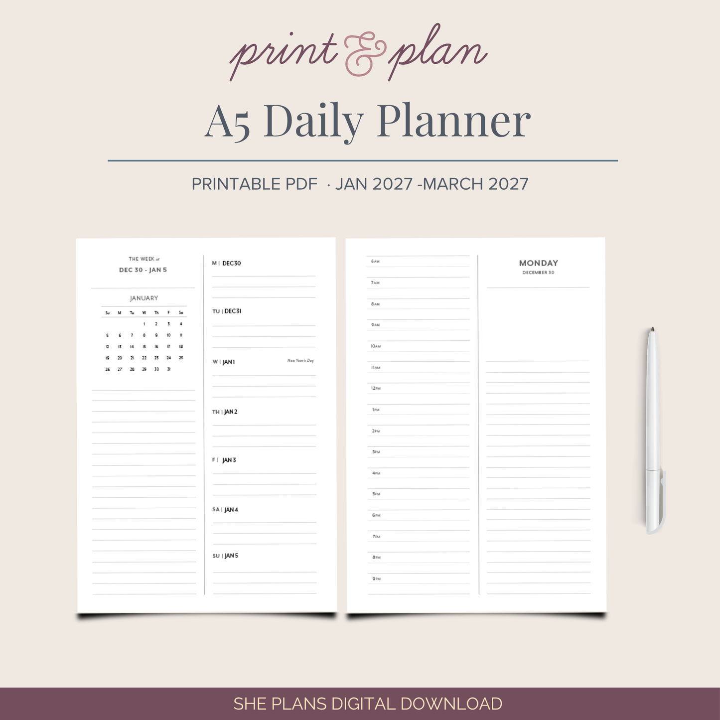 2027 A5 Daily Planner Printable Q1