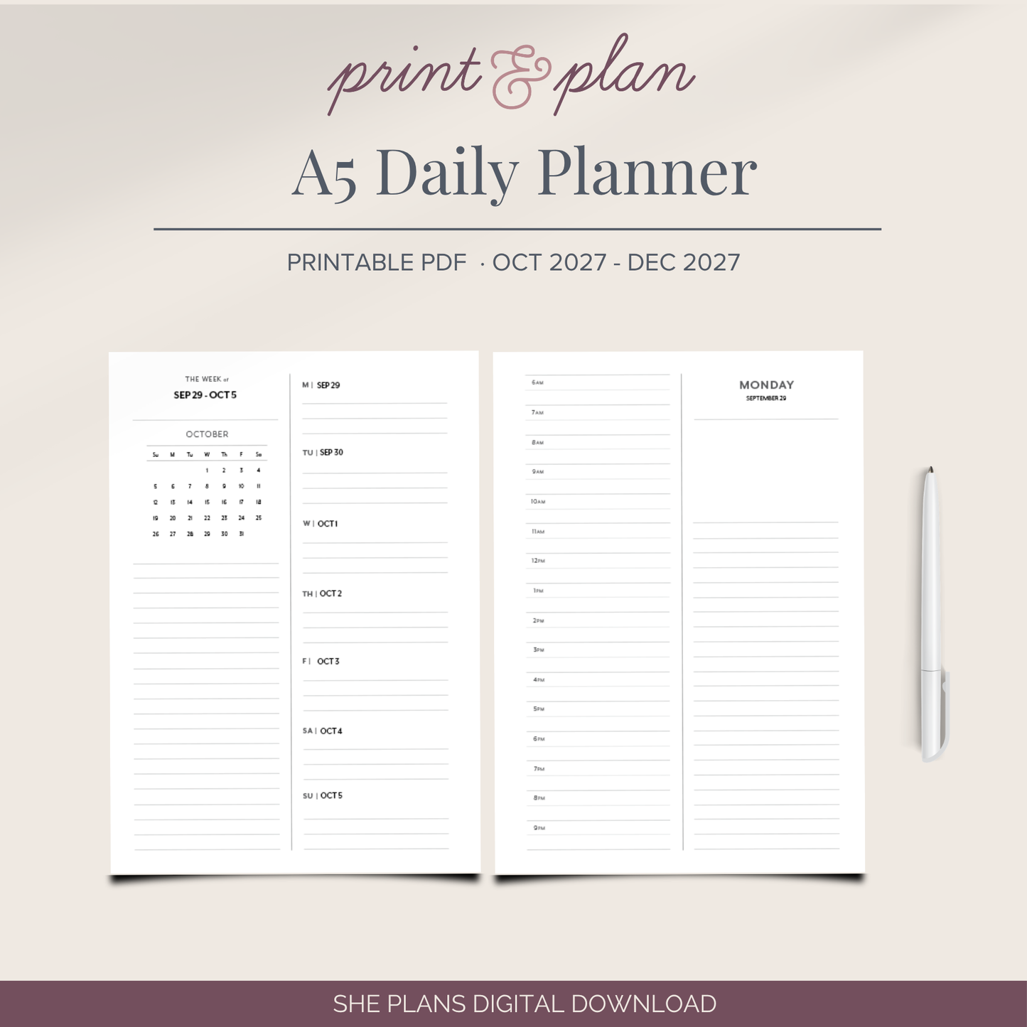2027 A5 Daily Planner Printable Q4