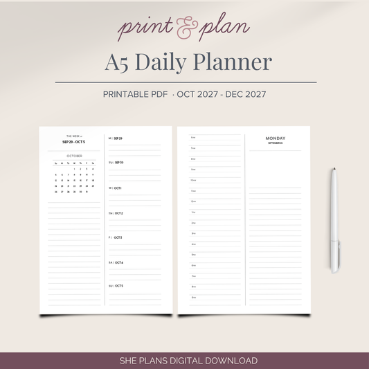 2027 A5 Daily Planner Printable Q4