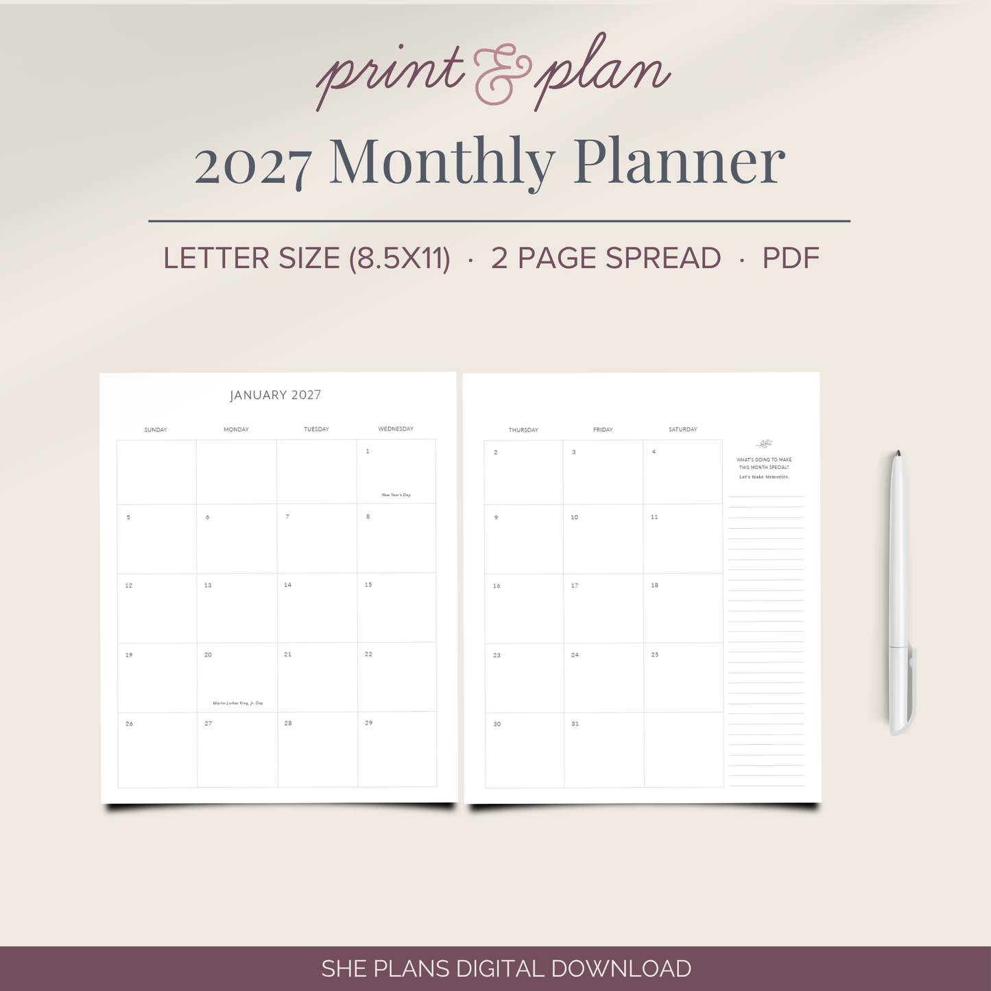 2027 Monthly Planner Printable