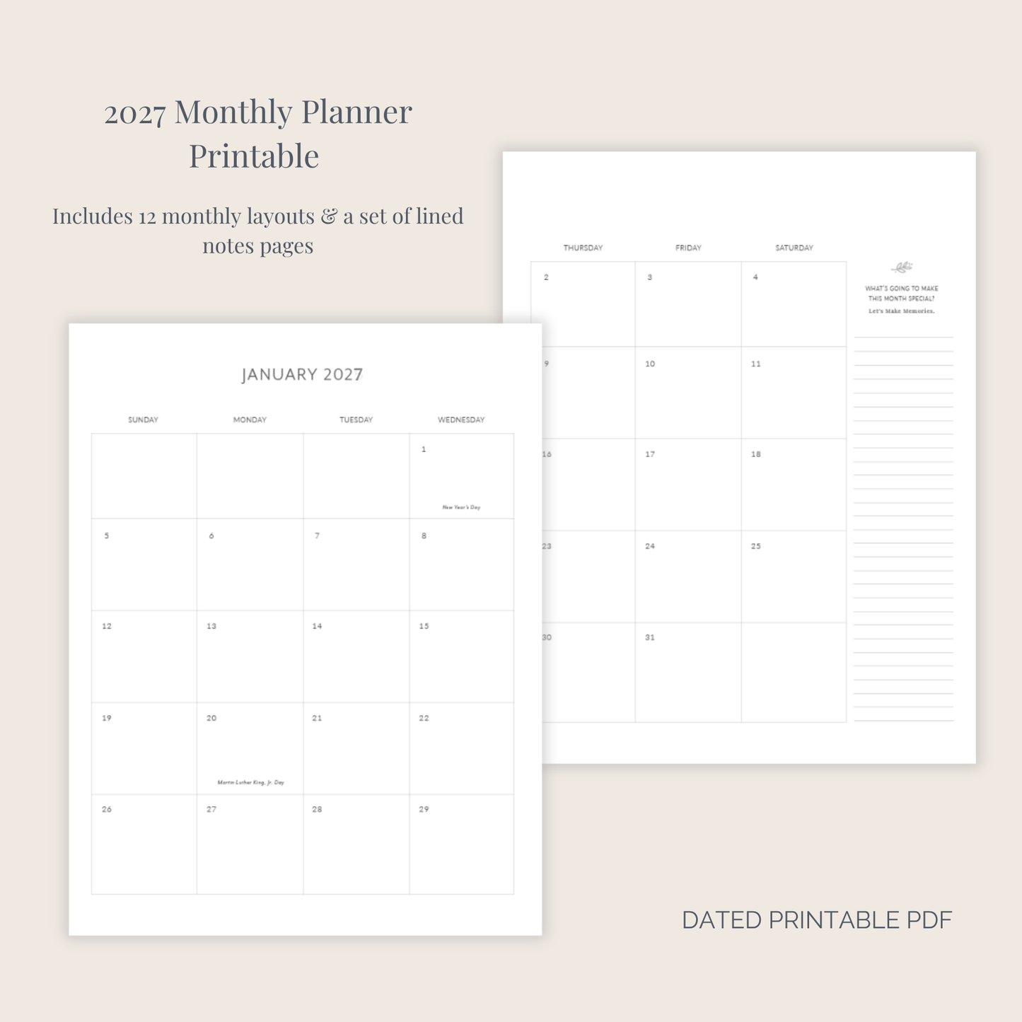 2027 Monthly Planner Printable
