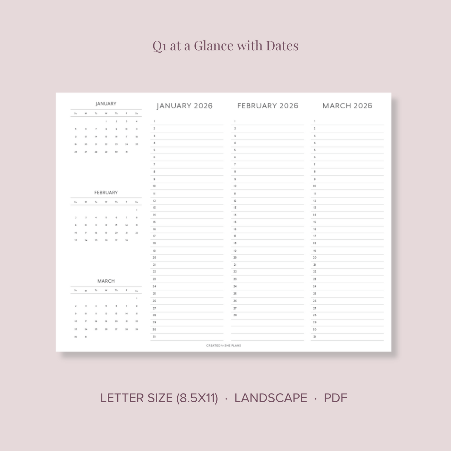 2026 Printable Quarterly At-A-Glance Planner