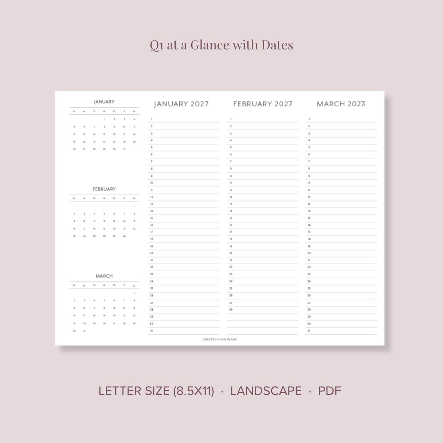 2027 Printable Quarterly At-A-Glance Planner