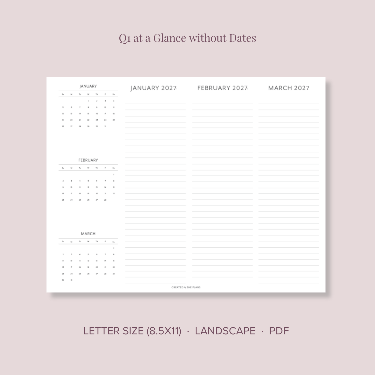 2027 Printable Quarterly At-A-Glance Planner